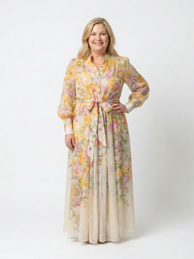 Petronella | Maxi-Kleid mit Blumenmuster, transparenten langen Ärmeln, Gürtel und Knopfleiste