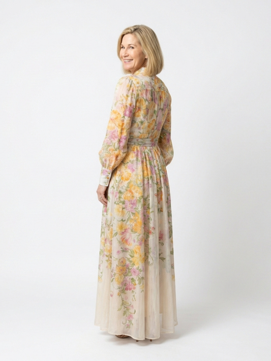 Petronella | Maxi-Kleid mit Blumenmuster, transparenten langen Ärmeln, Gürtel und Knopfleiste
