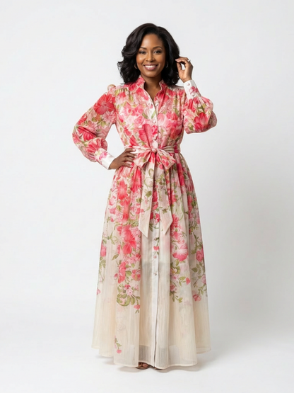 Petronella | Maxi-Kleid mit Blumenmuster, transparenten langen Ärmeln, Gürtel und Knopfleiste