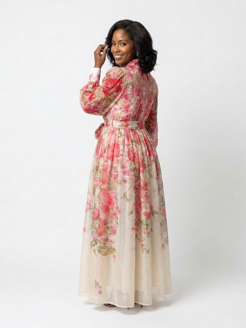 Petronella | Maxi-Kleid mit Blumenmuster, transparenten langen Ärmeln, Gürtel und Knopfleiste