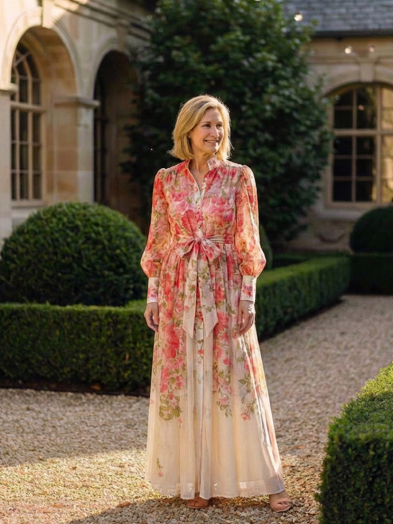 Petronella | Maxi-Kleid mit Blumenmuster, transparenten langen Ärmeln, Gürtel und Knopfleiste