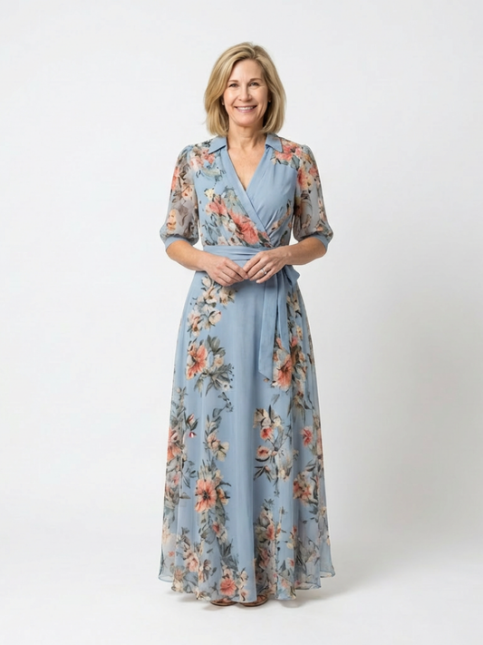 Elowen | Blumen-Wickelkleid mit V-Ausschnitt, Maxi-Länge